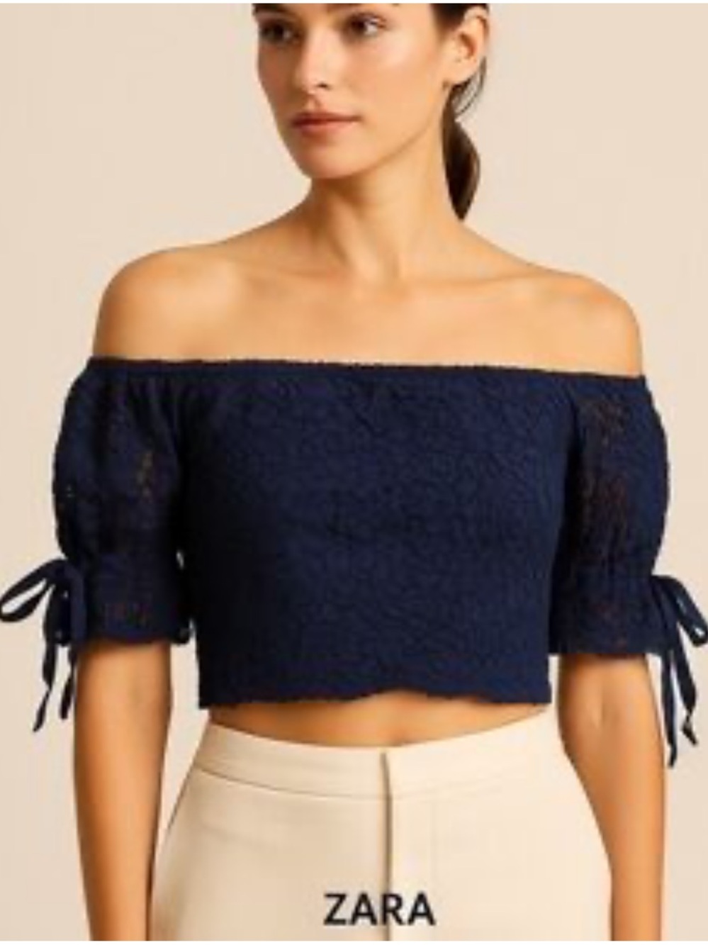 ZARA NAVY BLUE LACE PUFF SLEEVE CROP TOP